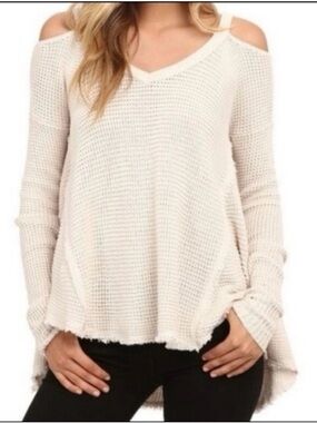Free People Cream Off-Shoulder Waffle Knit Sweater